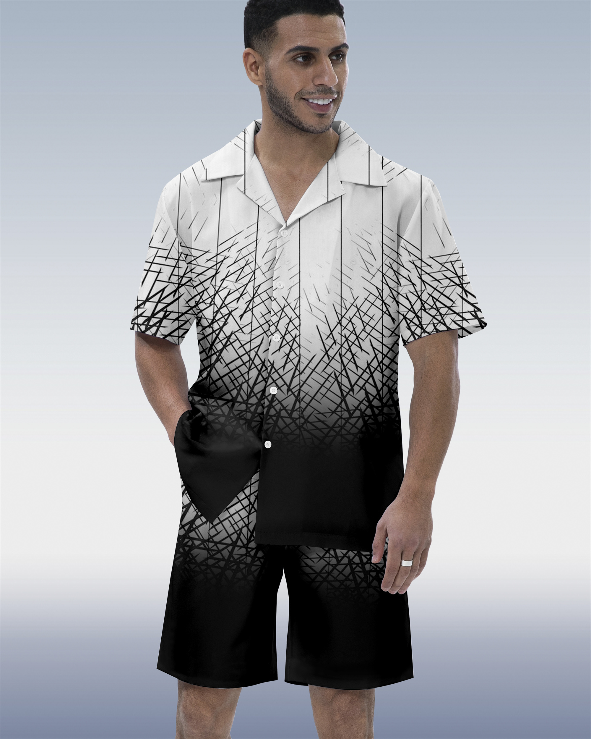 Men's Colorblock Geometric Hawaiian Cuban Collar Short Sleeve Shirt Set 04