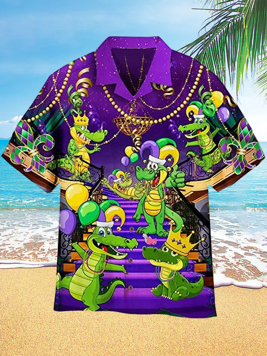 Mardi Gras Wild Crocodile Hawaiian Print Short Sleeve Shirt