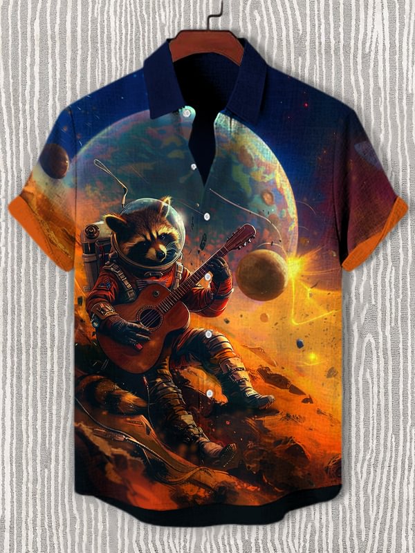 Men's Astronaut Playing Guitar Printed Casual Shirt