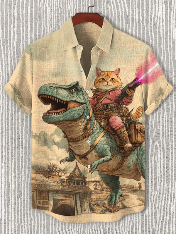 Men's Retro Cartoon Anime Cat Theme Short Sleeve Shirt