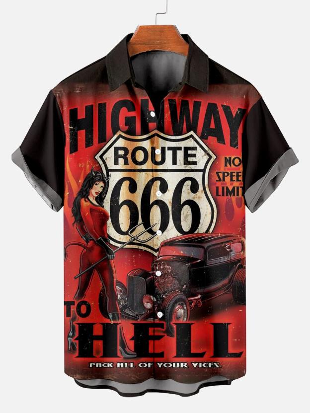 Men's Vintage Road Demon Print Short Sleeve Shirt