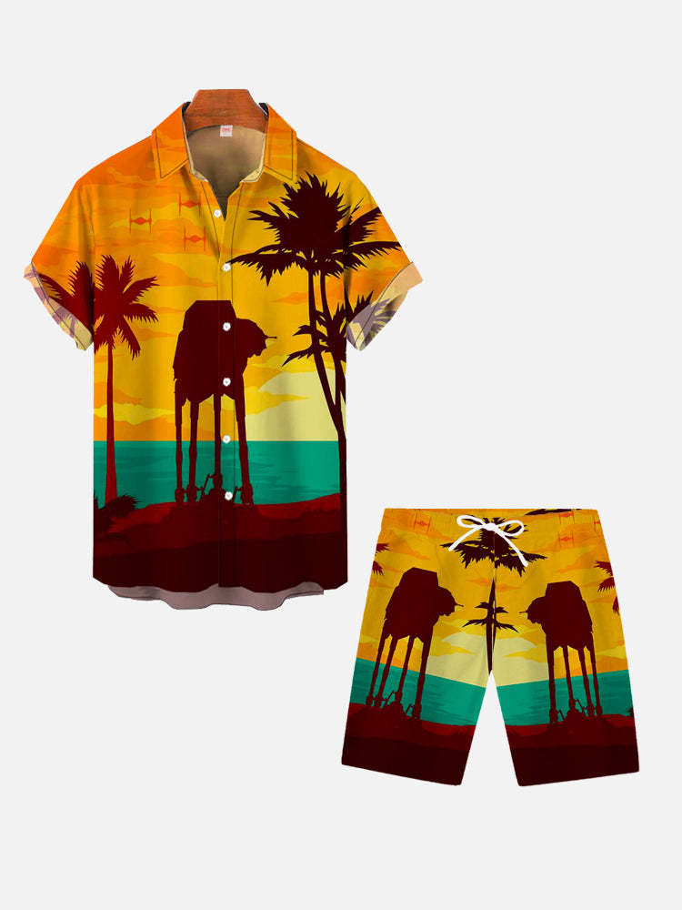 Beach Sunset Coconut Trees And Armored Walker Hawaiian Printing Shorts