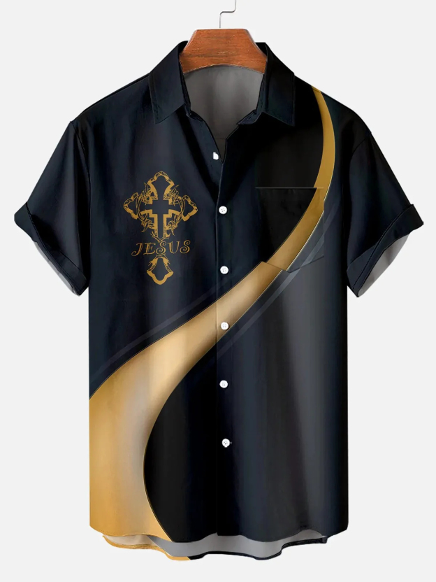 Men's Easter Cross Print Casual Short Sleeve Shirt