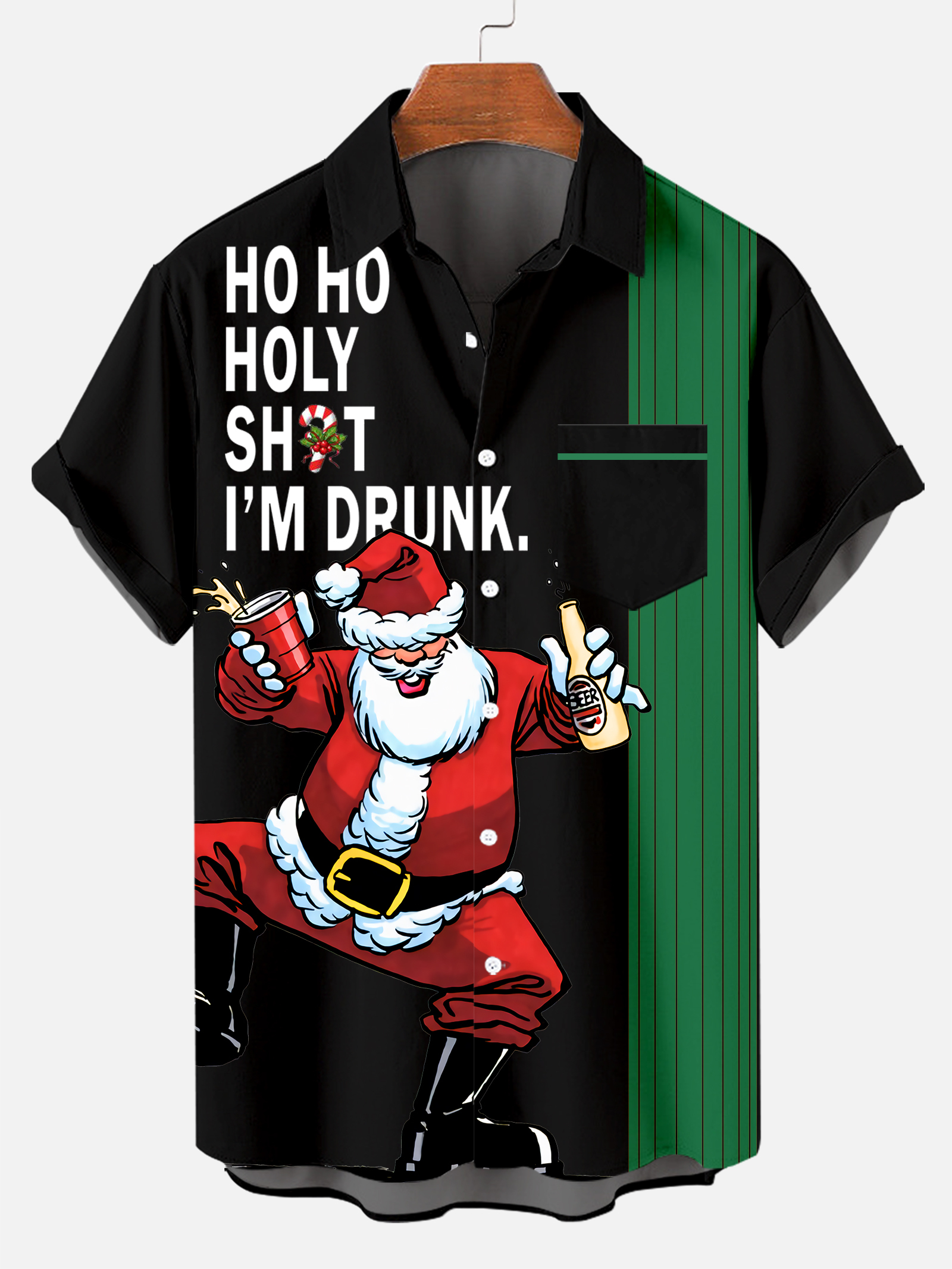 Men's Drink With Father Christmas Printed Short Sleeve Shirt