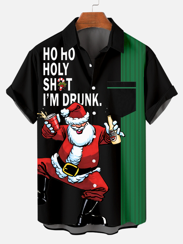 Men's Drink With Father Christmas Printed Short Sleeve Shirt