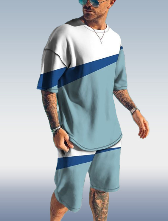 Suitmens Men's Colorblock Blue Print Shorts Suit