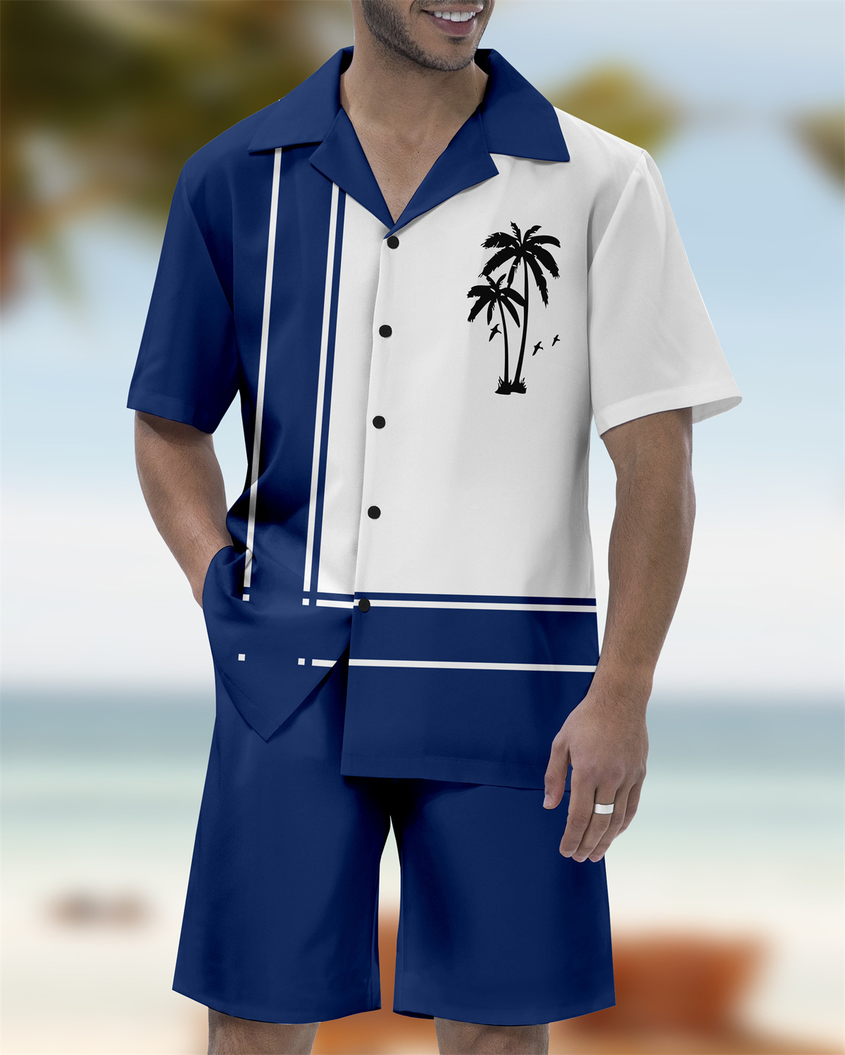 Men's Casual Vacation Hawaiian Cuban Collar Short Sleeve Shirt Set