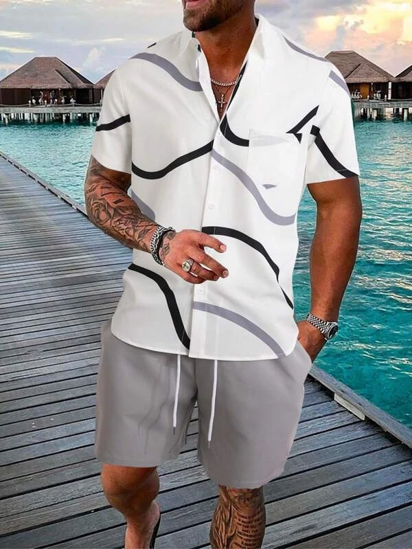 Suitmens Men's Hawaiian Print Short Sleeve Shirt Set