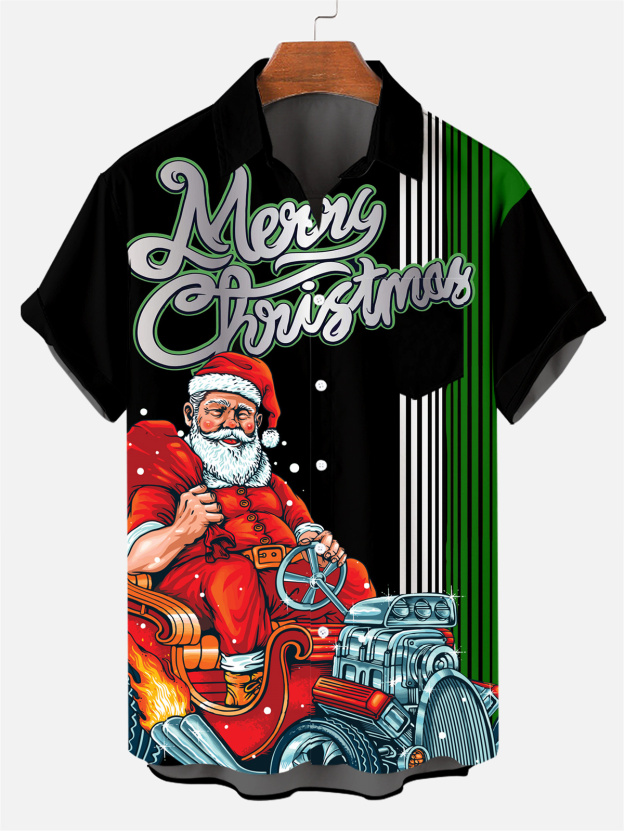 Men's Christmas Steampunk Car Culture Pattern Short-Sleeved Shirt 0574