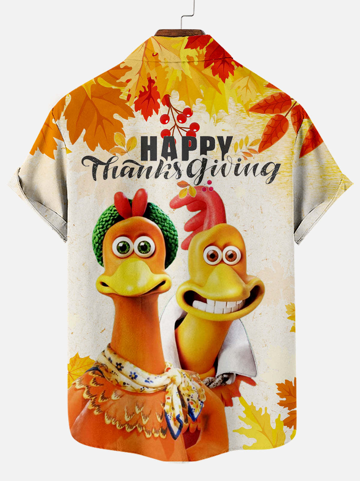 Men's Thanksgiving Creative Design Contrast Color Cartoon Turkey Pattern Short Sleeve Shirt