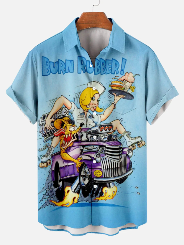 Men's Nostalgic Anime Character Retro Car Short Sleeve Shirt