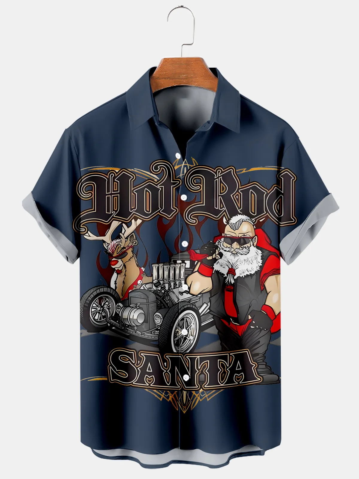 Men's Christmas Fun HOT ROD SANTA Car Printed Short Sleeve Shirt 0378