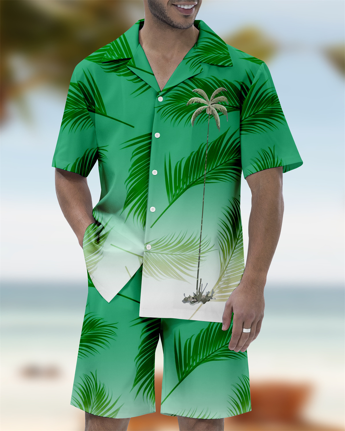 Men's Casual Vacation Hawaiian Cuban Collar Short Sleeve Shirt Set