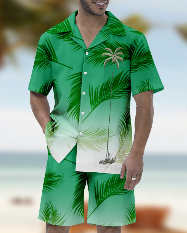 Men's Casual Vacation Hawaiian Cuban Collar Short Sleeve Shirt Set