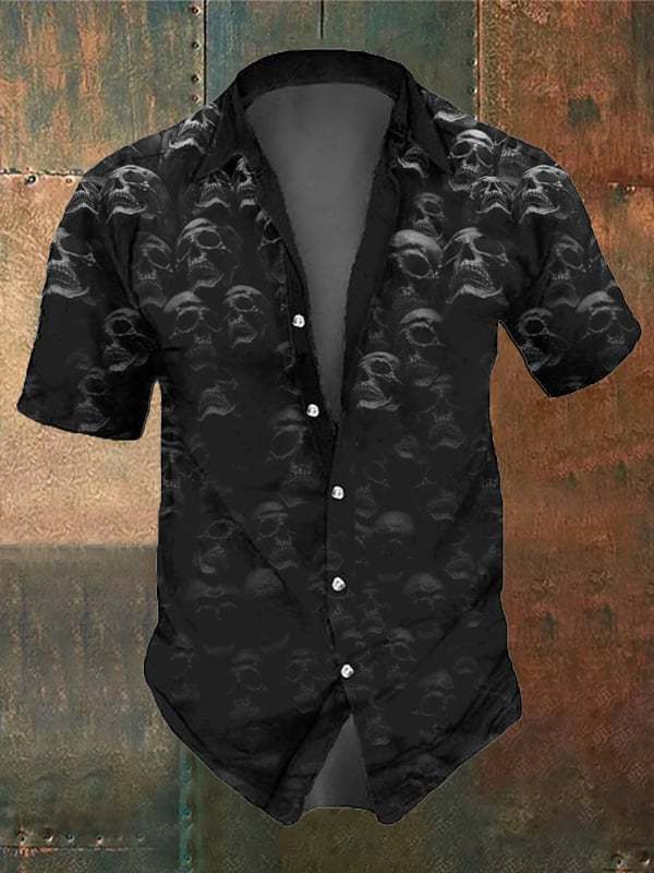 Men's Retro Dark Skull Casual Pocket Short Sleeve Shirt