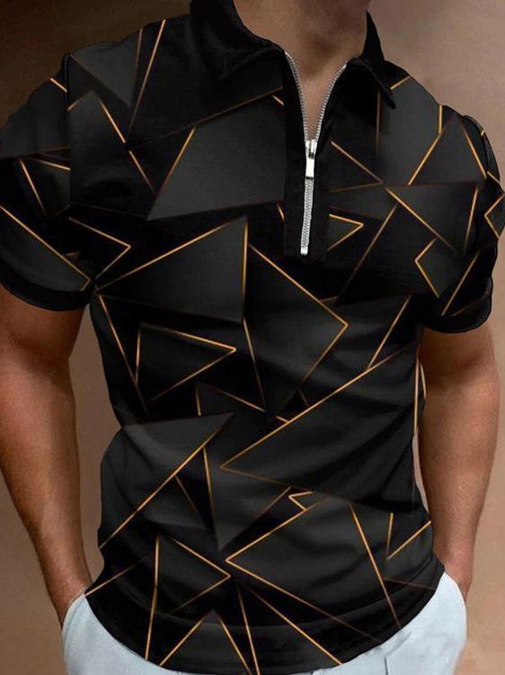 Men's Casual Art Graphic Short Sleeve Zip Polo Shirt