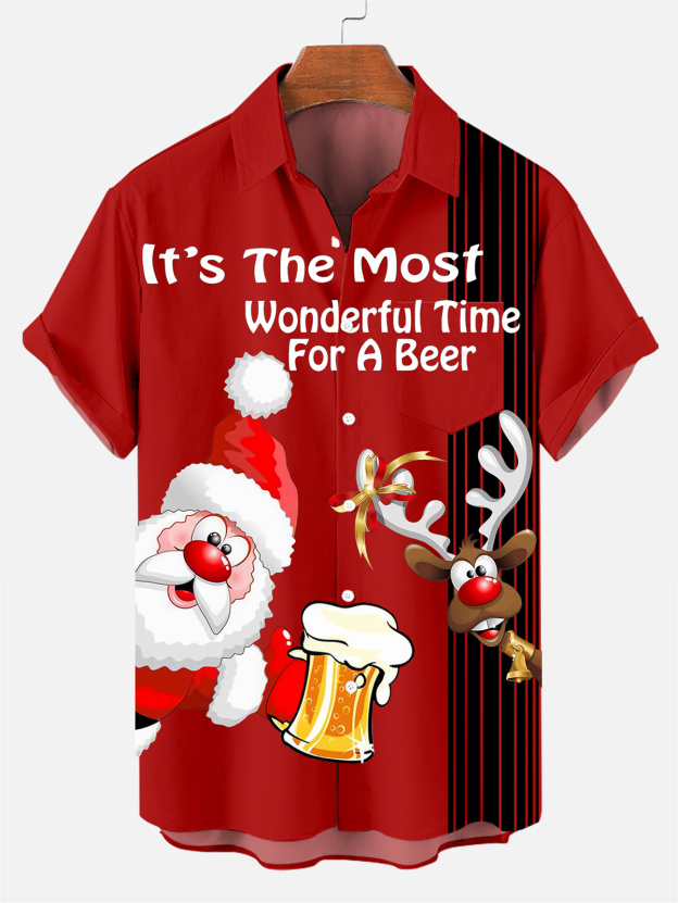 Men's Drink With Father Christmas Printed Short Sleeve Shirt  0327