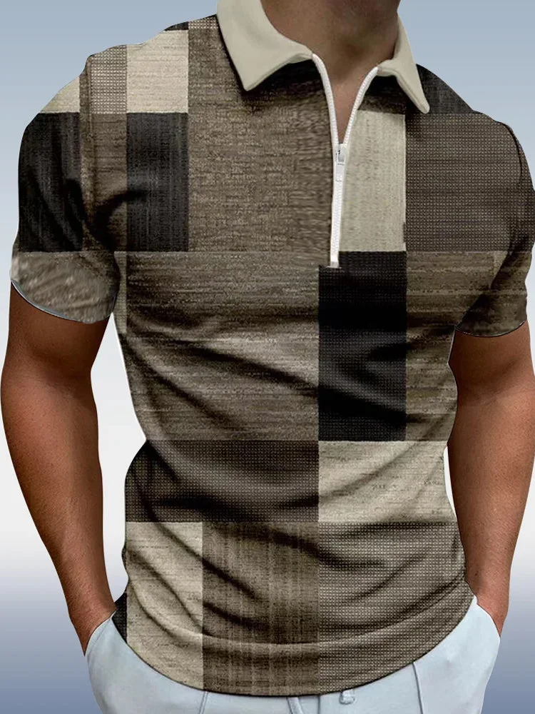 Men's Casual Art Graphic Short Sleeve Zip Polo Shirt