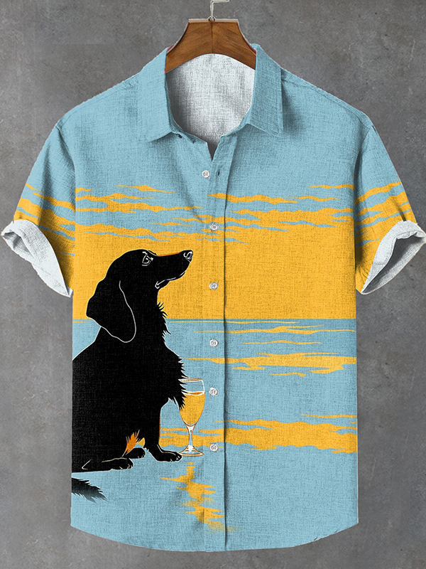 Men's Summer Sunset Seaside Dachshund Dog Vacation Art Print Linen Blend Shirt