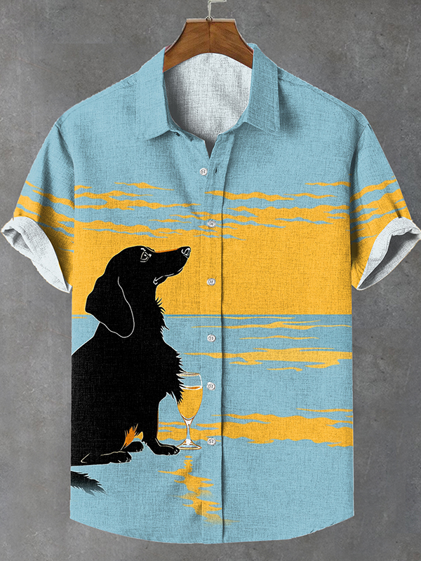 Men's Summer Sunset Seaside Dachshund Dog Vacation Art Print Linen Ble