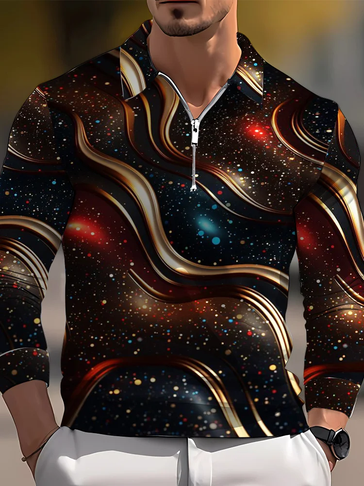Men's casual art graphic zip long sleeve polo shirt
