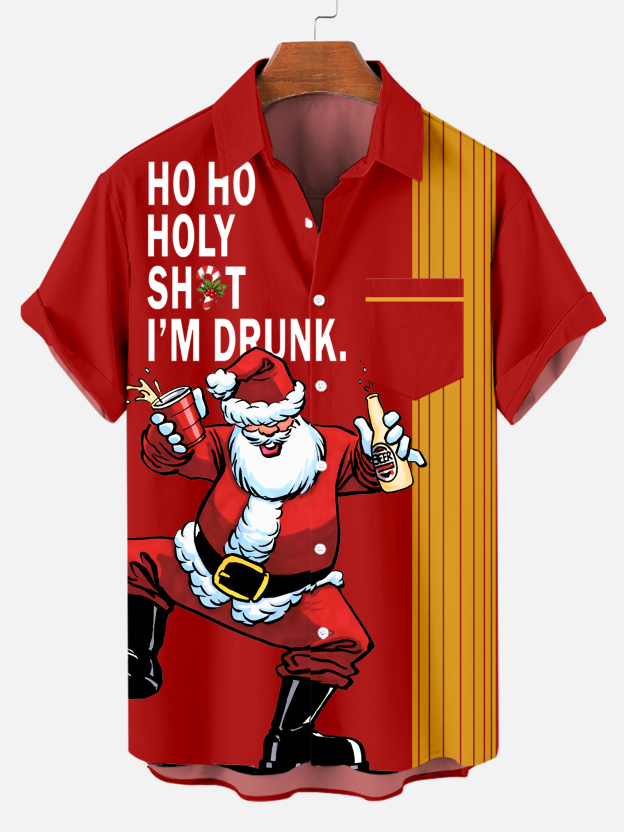 Men's Drink With Father Christmas Printed Short Sleeve Shirt