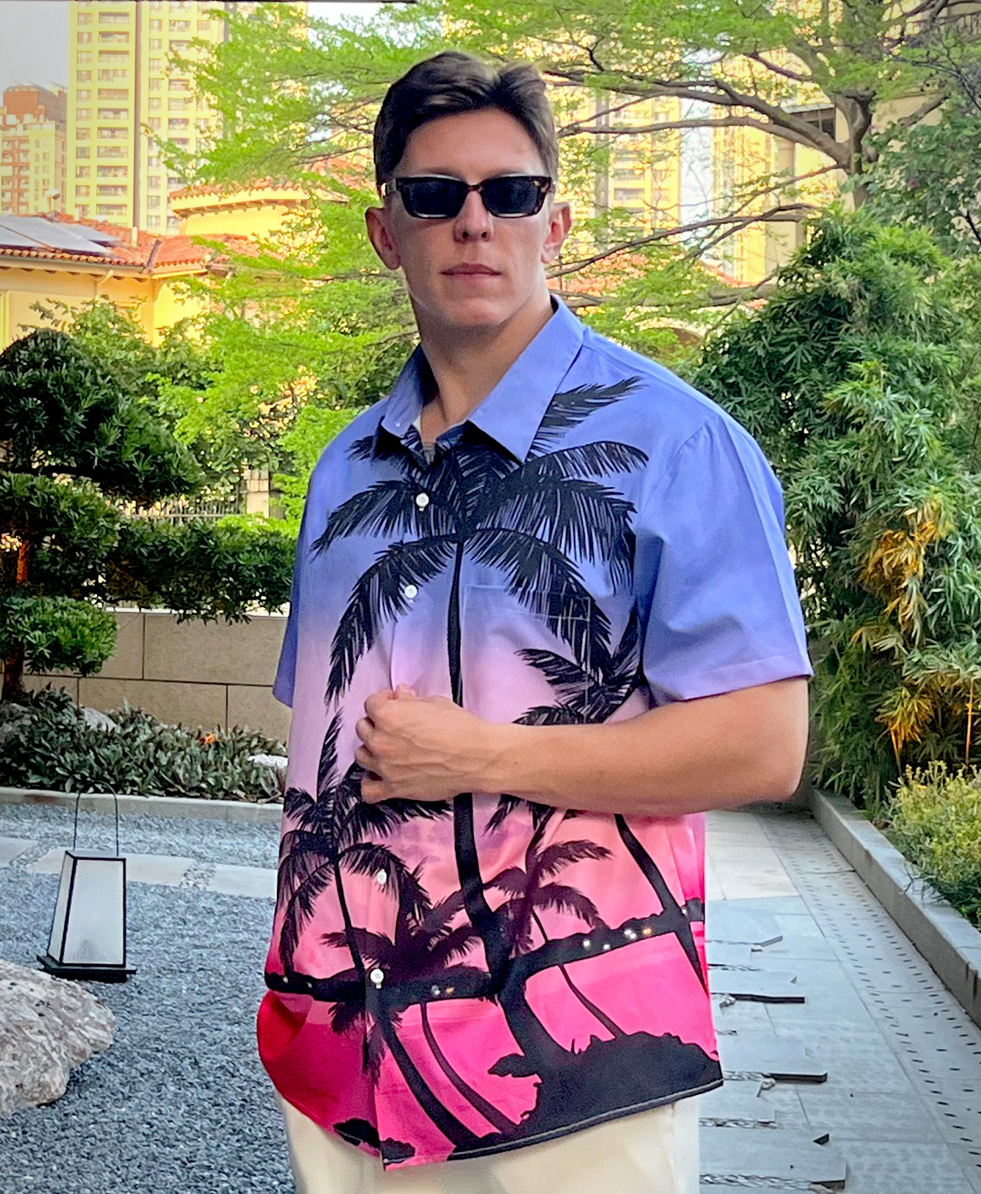 Men's Hawaiian Shirt, Palm Tree Print, Purple Sunset Gradient, Short Sleeve Button Down