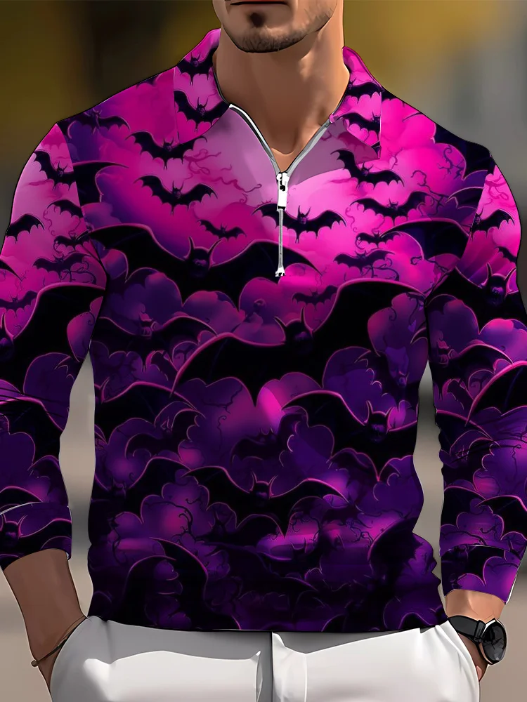 Men's casual art graphic zip long sleeve polo shirt