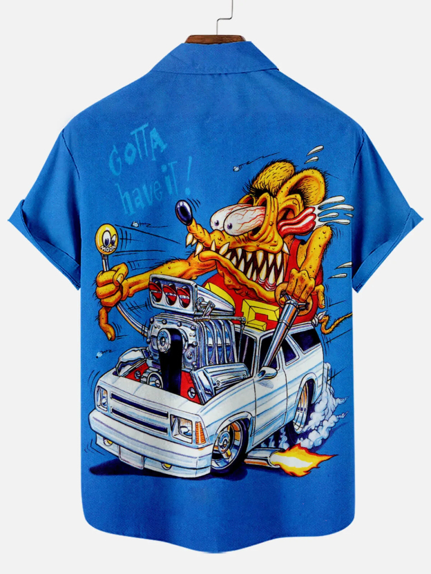Men's Nostalgic Anime Character Retro Car Short Sleeve Shirt