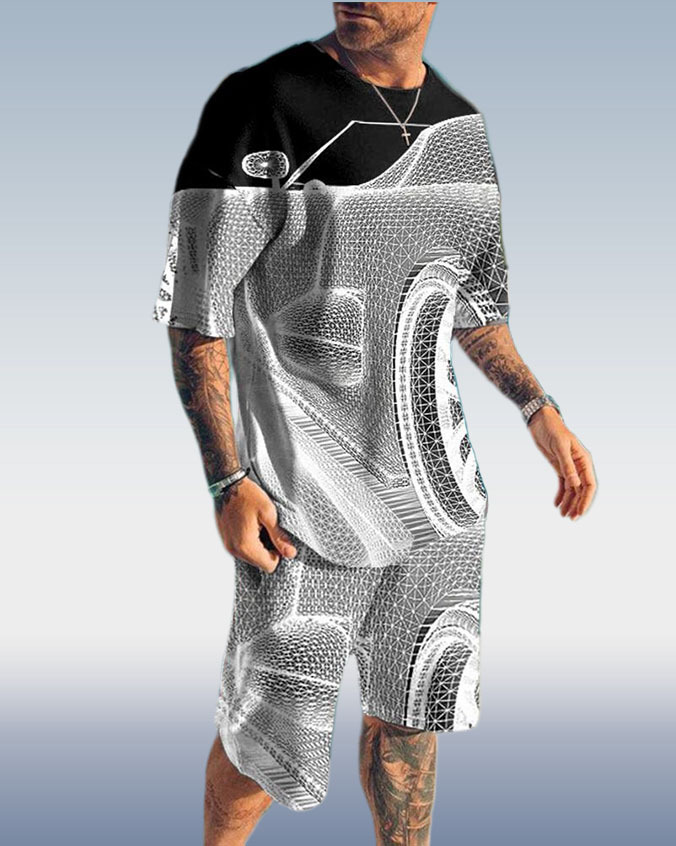Men's Fashion 3D Printing Short Sleeve Two-Piece Suit 3 Colors