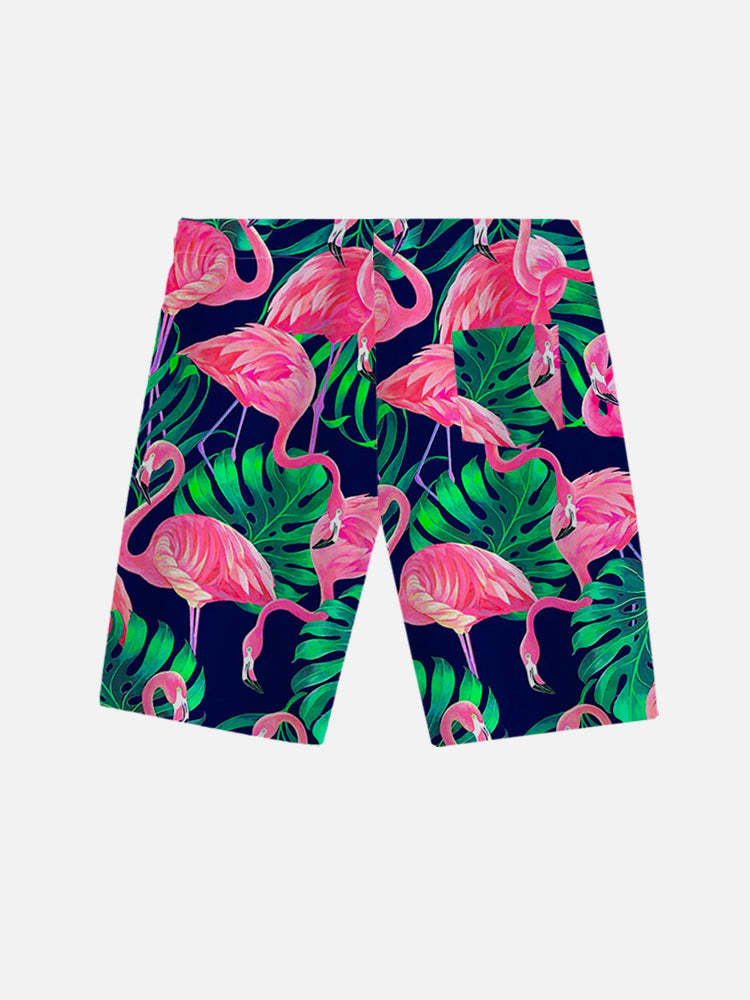 Tropical Plant Leaves Cluster Flamingos Printing Shorts