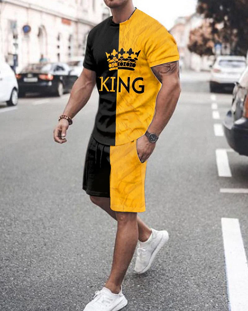 Men's Crown Print Short Sleeve Two-Piece Set