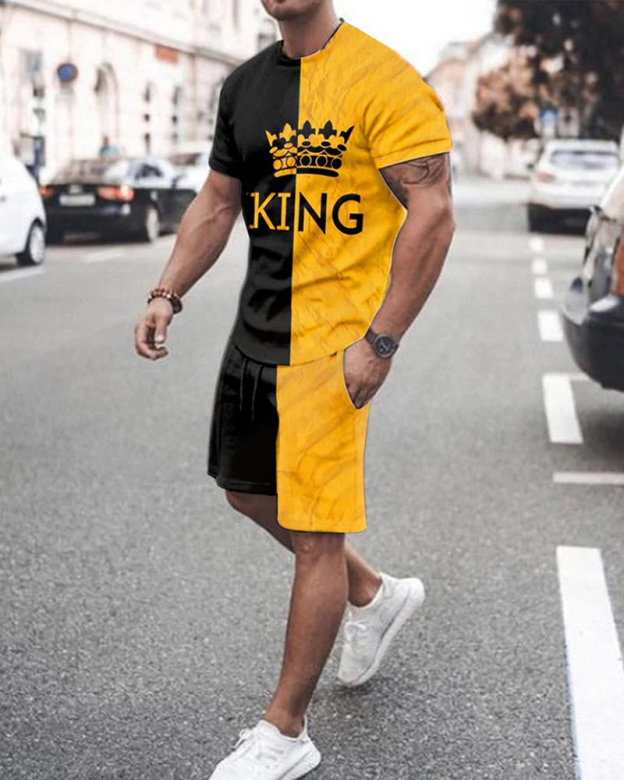 Men's Crown Print Short Sleeve Two-Piece Set