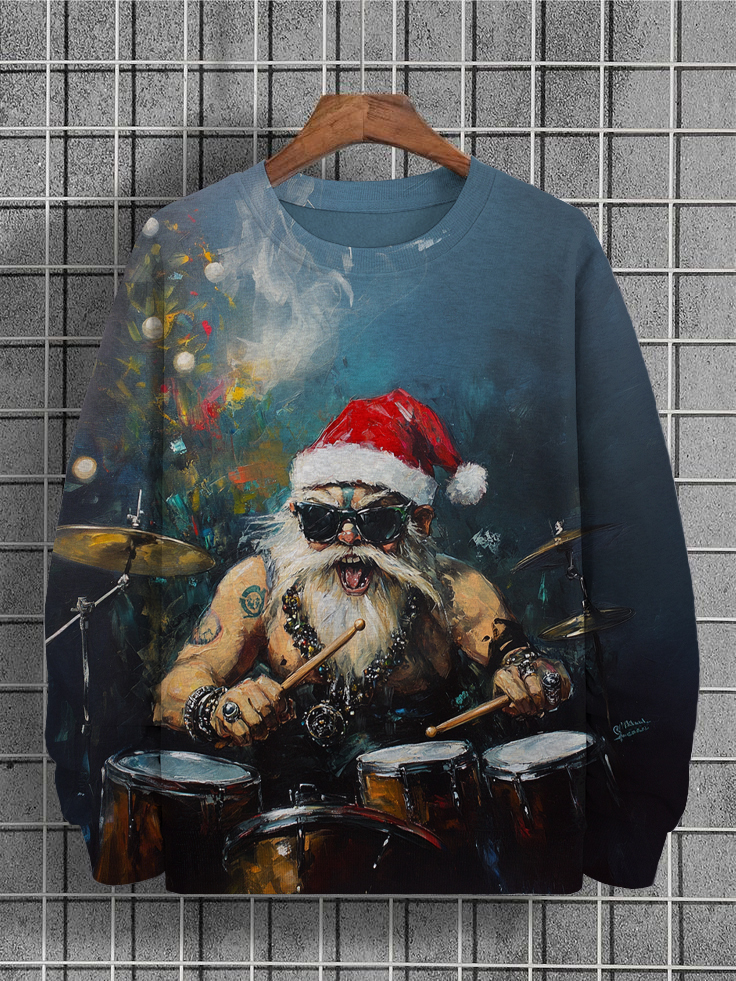 Men's Punk Santa Plays Drum Art Print Casual Sweatshirt