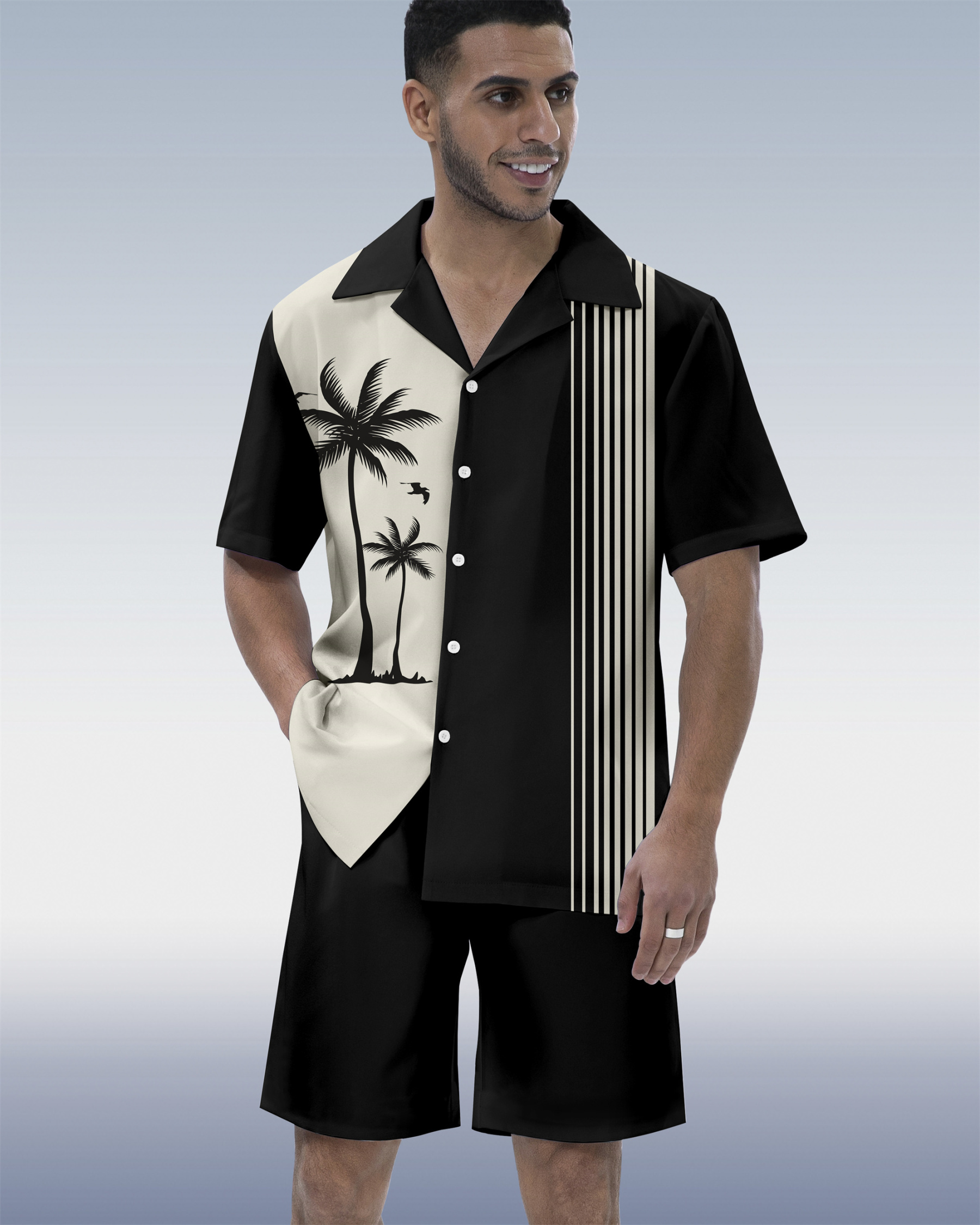 Men's Hawaiian Tiki Party Print Cuban Collar Short Sleeve Shirt Set 03
