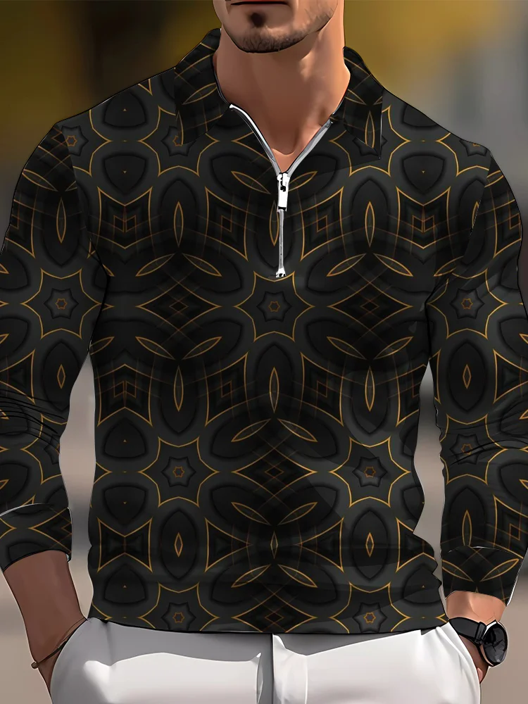 Men's casual art graphic zip long sleeve polo shirt