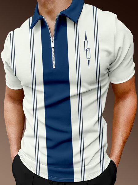 Men's Casual Art Graphic Short Sleeve Zip Polo Shirt
