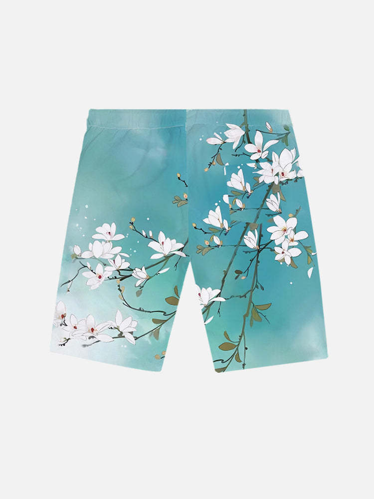 Mysterious Oriental Cyan Blooming Flowers And Branches Printing Shorts