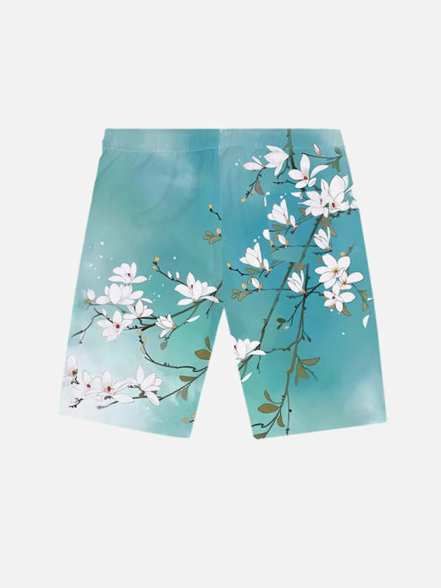 Mysterious Oriental Cyan Blooming Flowers And Branches Printing Shorts