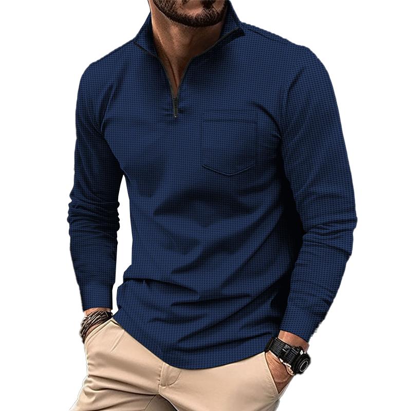 Men's Zip Long Sleeve Waffle POLO Shirt 02878825X