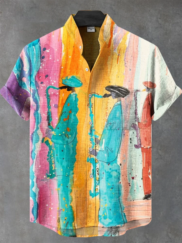 Men's Retro Music Graphic Print Casual Short Sleeve Shirt