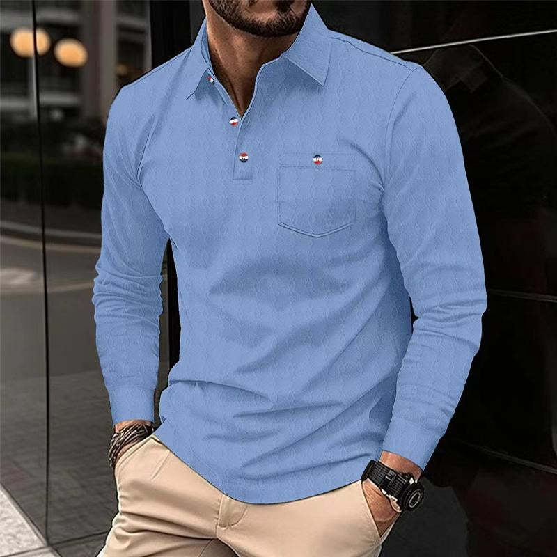 Men's Retro Solid Color Pocket Lapel Long Sleeve POLO Shirt 52125948Y