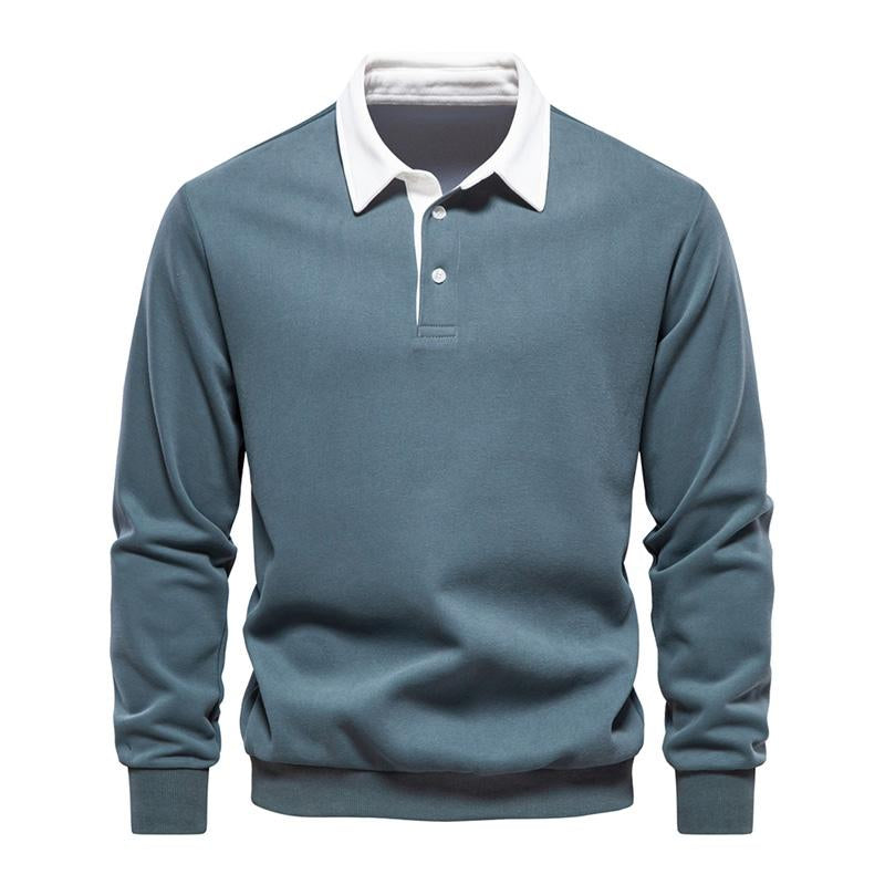 Men's Casual Color Contrasting Lapel Loose Long Sleeve Polo Shirt 72890642M