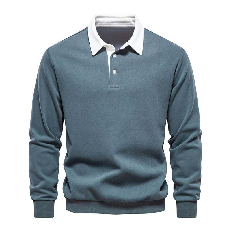 Men's Casual Color Contrasting Lapel Loose Long Sleeve Polo Shirt 72890642M