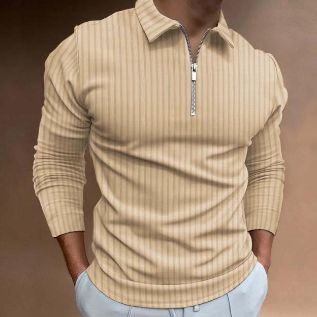 Men's Casual Striped Lapel Long Sleeve Zipper Polo Shirt 19330625M