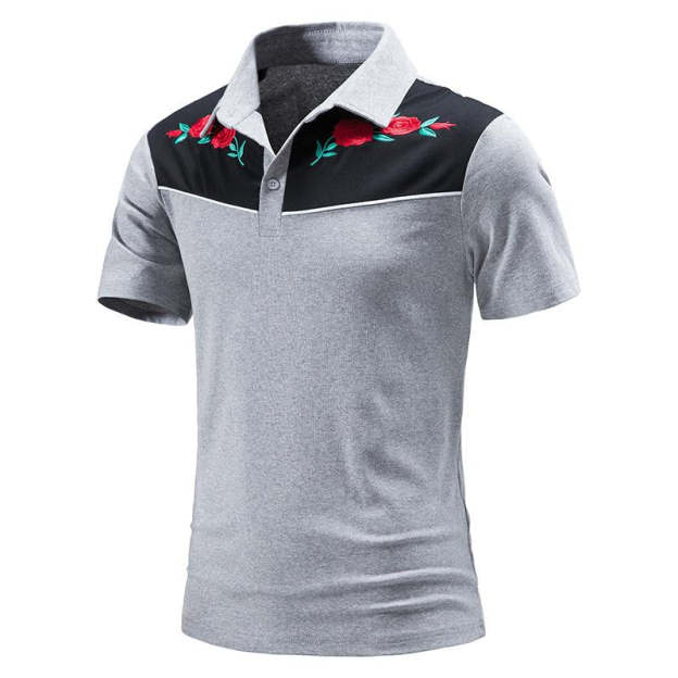 Men's Vintage Rose Embroidery Stitching Breathable Lapel Short Sleeve POLO Shirt 98245795Y