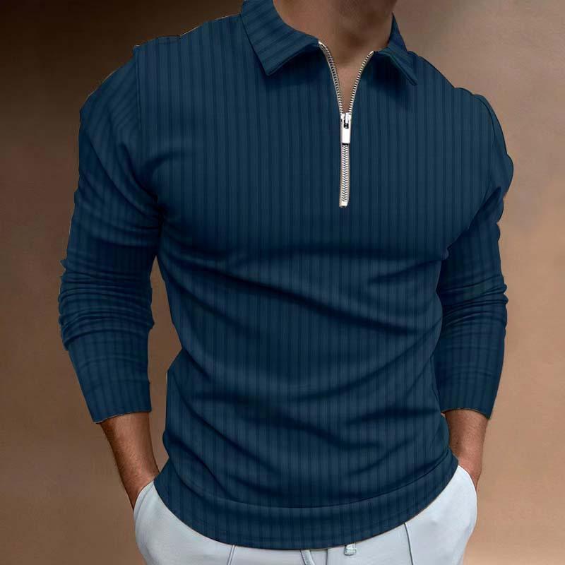 Men's Casual Striped Lapel Long Sleeve Zipper Polo Shirt 19330625M