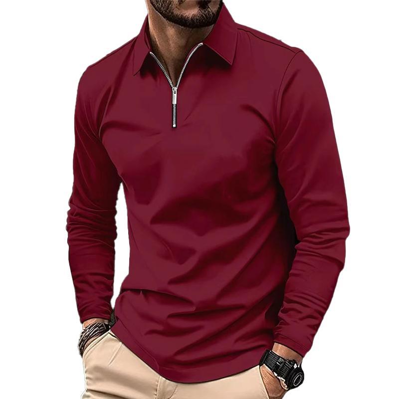 Men's Casual Solid Color Zipper Long Sleeve POLO Shirt 68016263Y
