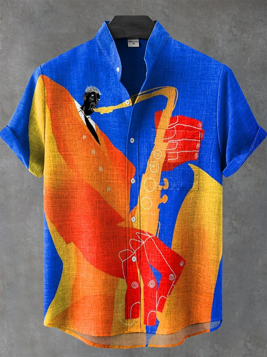 Stylish Blue Print Cotton Linen Shirt