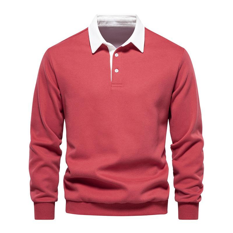 Men's Casual Color Contrasting Lapel Loose Long Sleeve Polo Shirt 72890642M